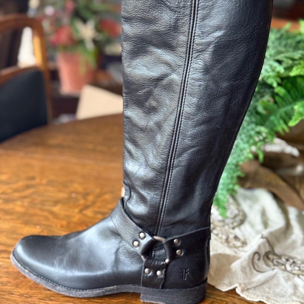 Frye tall Black Leather Biker harness  Boots